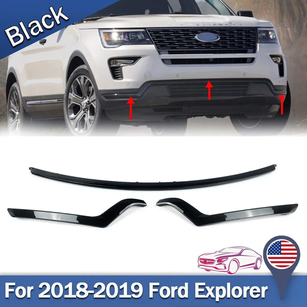 

Накладка на передний бампер для Ford Explorer Sport, 4-дверная, 2018 2019, накладки на передний бампер, молдинг, левый, правый, центральный, черные детали