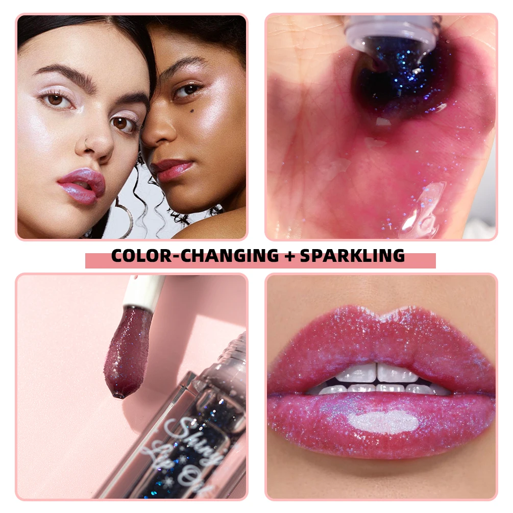 QIBEST Temperature Color Changing Lipgloss Shiny Glitter Lip Oil Glass Moisturizing Makeup Mirror Water Light Lip Glaze Cosmetic