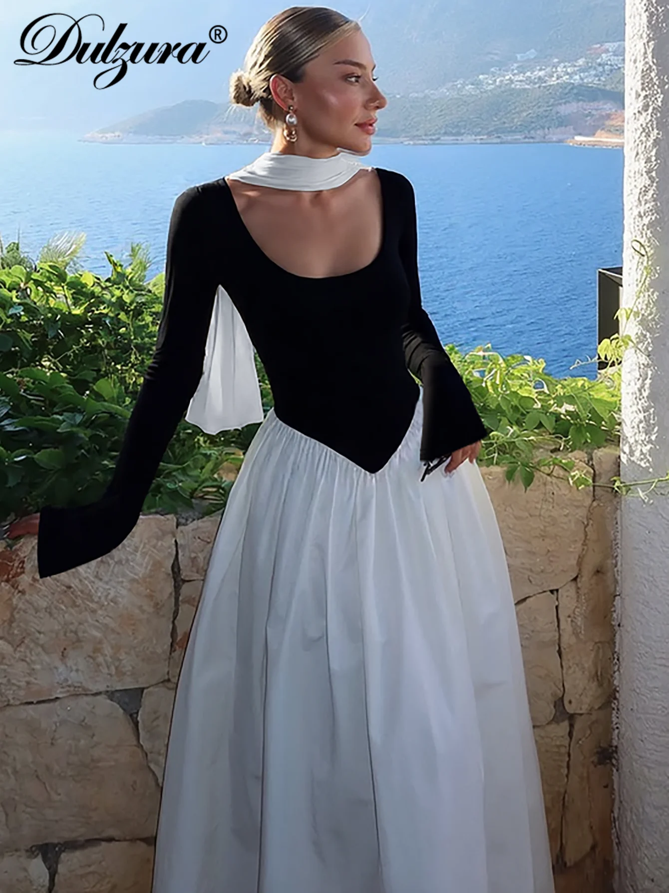 Dulzura 2025 가을 패션 우아한 O넥 긴 소매 슬림 리본 패치워크 플리츠 롱 드레스 이브닝 파티 클럽 프로모션 의류