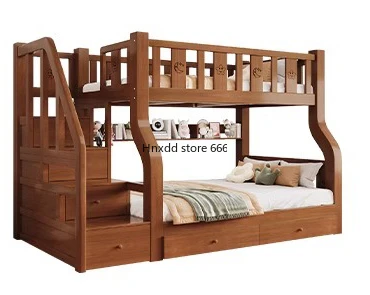 All solid wood double-layer upper and lower beds, multi-functional, high and low two-layer upper and lower bunks