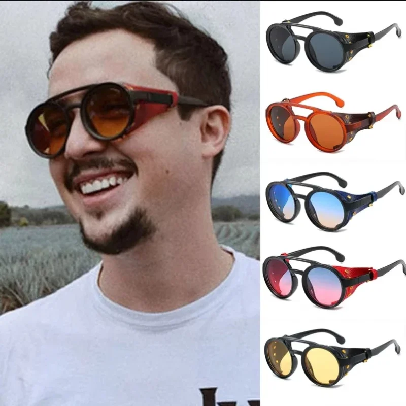 Sunglasses Windproof Mountaineering Steampunk Round Eyewear for Men with Leather Side Goggles UV400 Cycling Riding Glasses