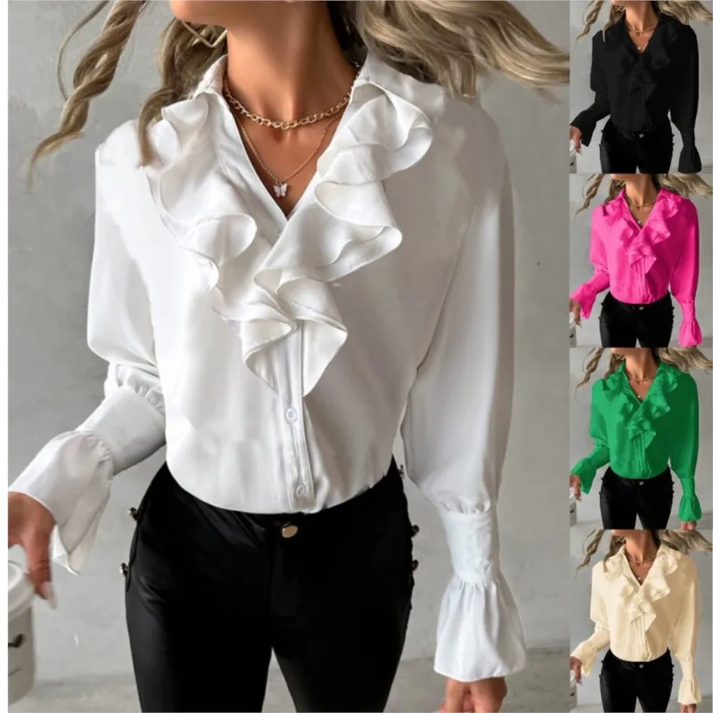 Camisa feminina de manga comprida com babados e decote em v cor sólida primavera e outono com camisa de chiffon plissada solta e elegante