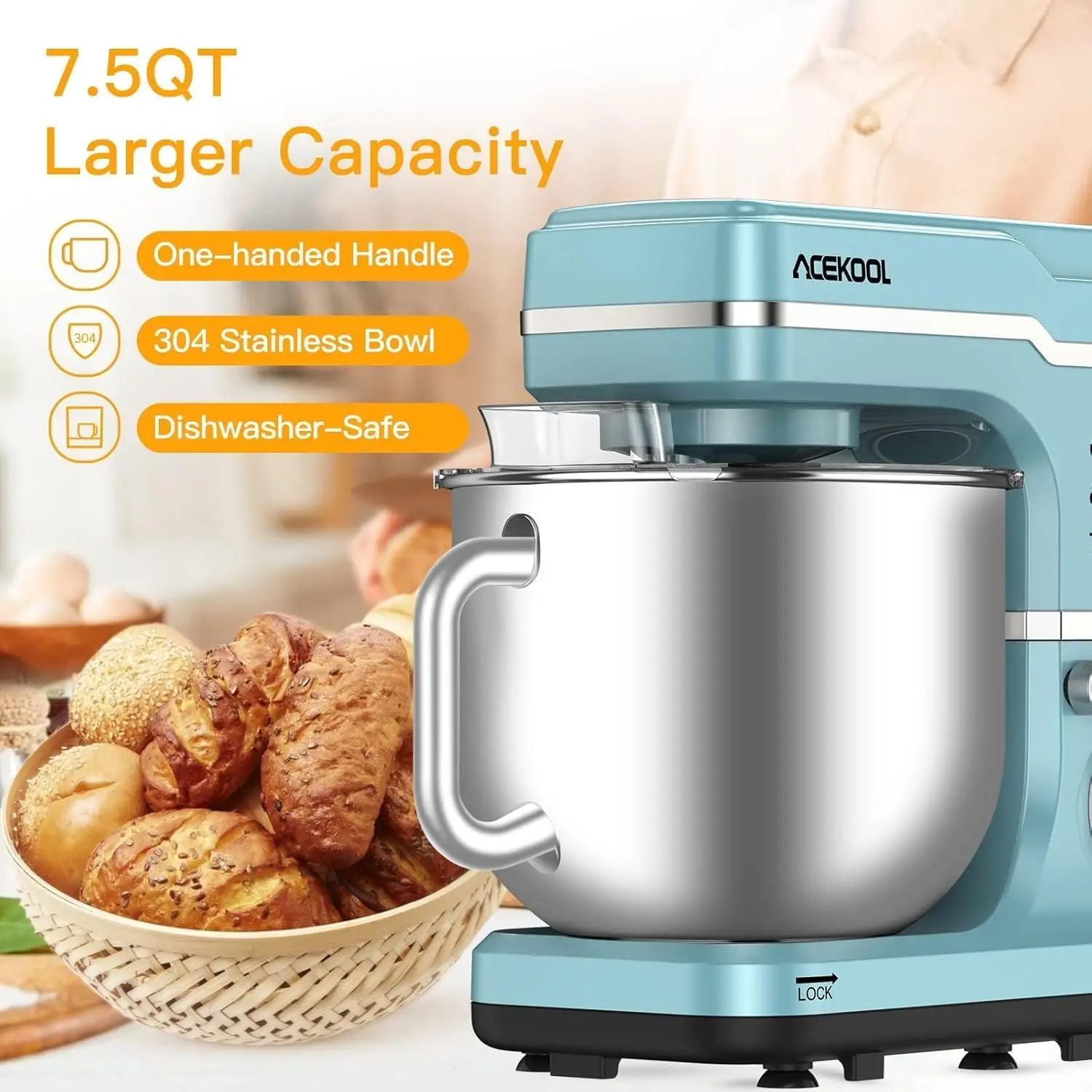 Stand Mixer - 7.5QT Bowl with Handle, 660W Motor, 10-Speed Settings, Tilt-Head Design, Dough Hook, Beater, Splash Guard