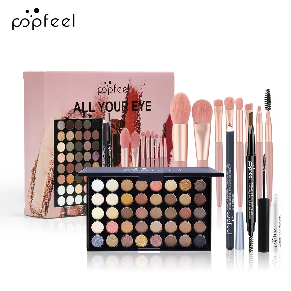 Kit de maquiagem popfeel exclusivo para feriados, conjunto completo, tudo em um, sombra, sobrancelha, delineador, rímel, pincel, presentes de luxo para mulheres, cosméticos