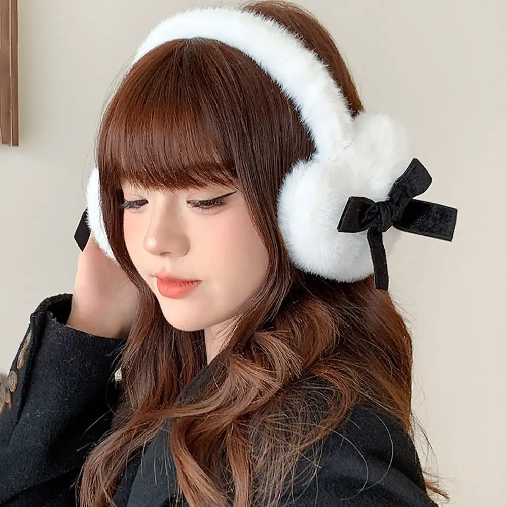 Cute Plush Bow Tie Earmuffs Cold Protection Warm Heart Fluffy Ear Muffs Woman Ear Cover Winter