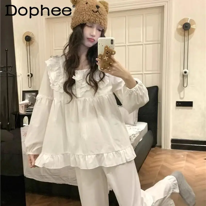 

Japanese Court Princess Style White Cotton Long-sleeved Pajamas Sweet Sister Cute Lace Casual Loose Loungewear