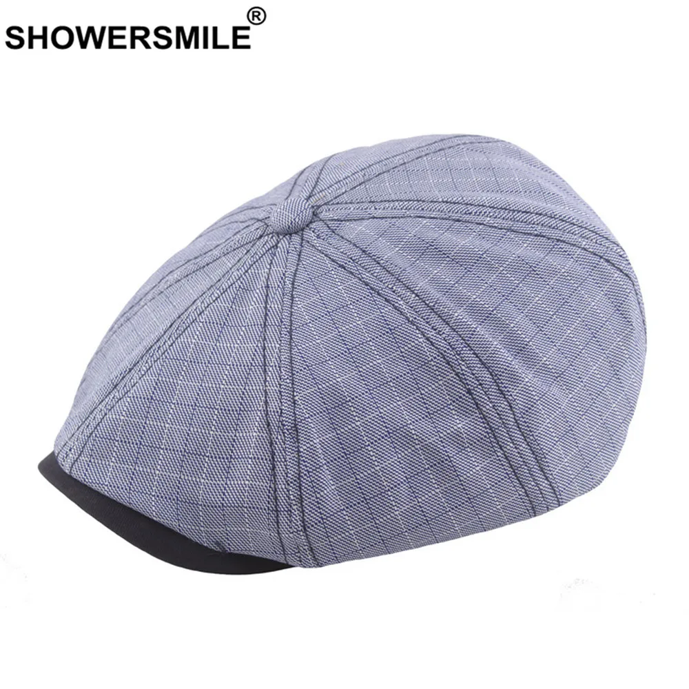 SHOWERSMILE Spring Summer Newsboy Cap Men Plaid Flat Cap Casual Cotton Eight Piece Cap Patchwork Brand Ivy Mens Beret