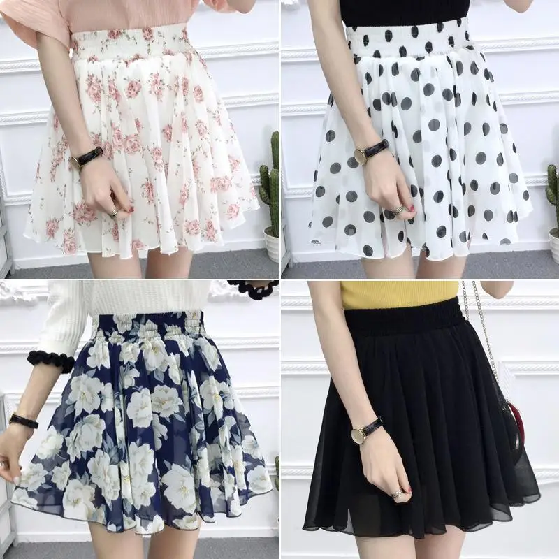 Women\'s Floral Skirt Chiffon Korean Vintage High-waisted Sexy White Polka Dot Summer A-line Mini Skirts for Women Fashion Short