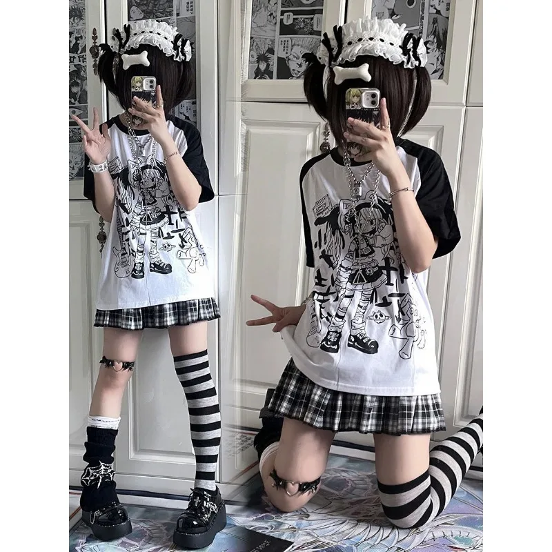 Japanese Aesthetics T-shirt Y2k Short Sleeve Tees Women Harajuku Sweet Kawaii Tops Summer Anime T-shirt Goth Clothes New