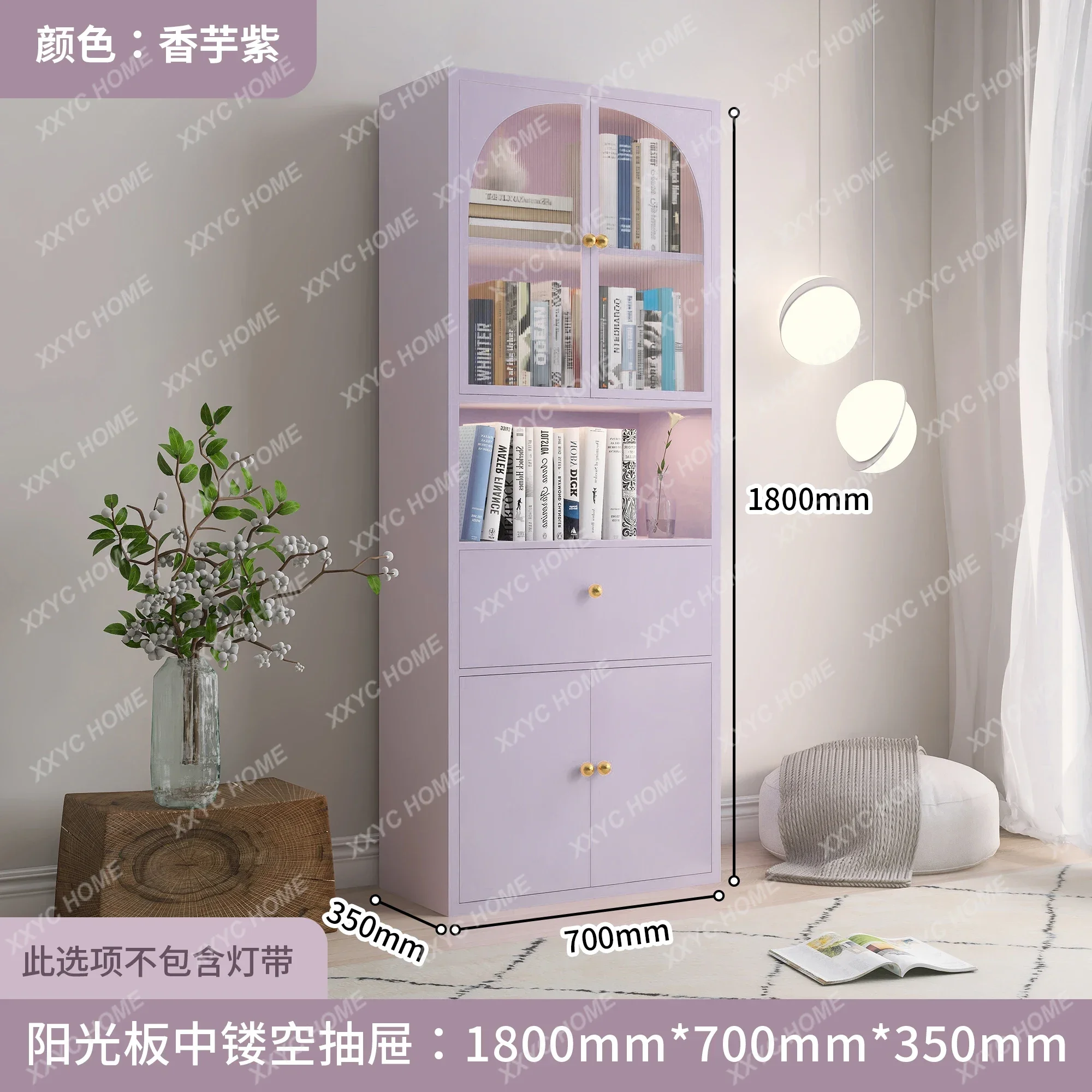 S Cream Style Bookcase Glass Door Dust-Proof Bookshelf Iron Storage Cabinet