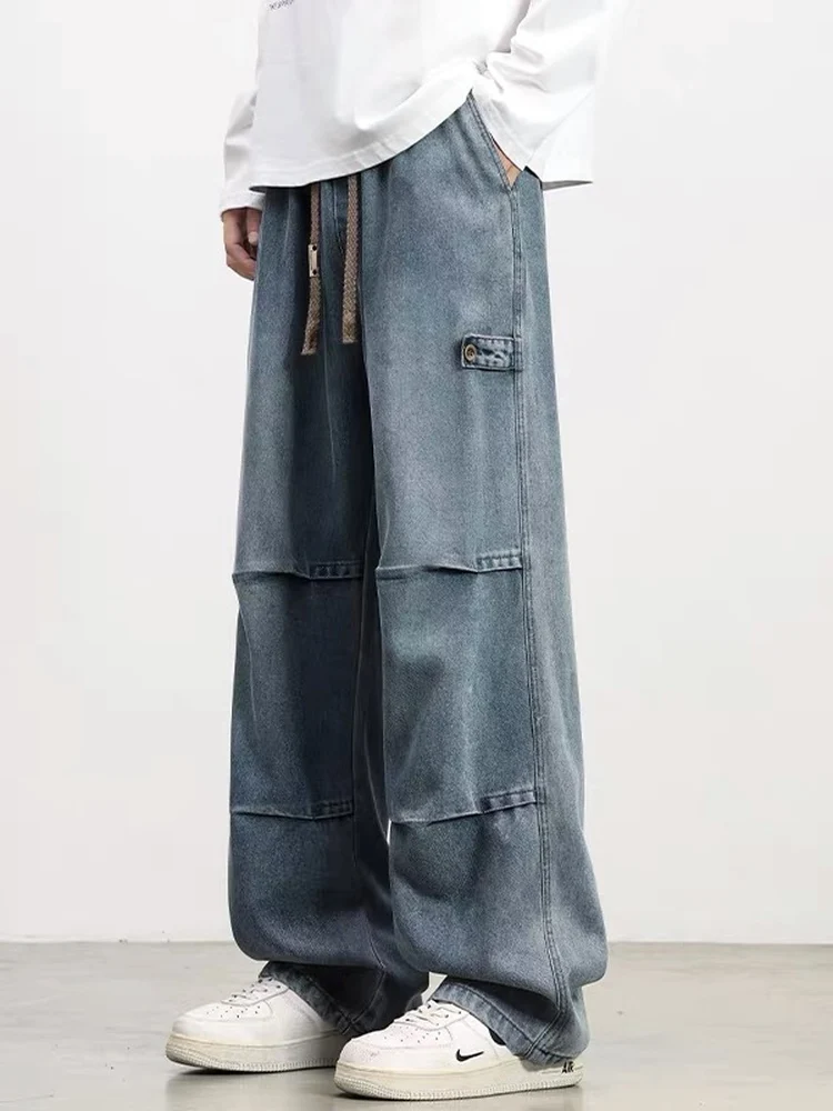 

Neutral Sle Pleated Workwear Jeans Men's Comfortable Straight Leg Vintage Denim Pants High Waist Zipper Closure Casual Jeans