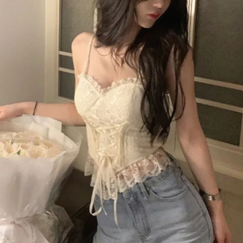 Lace Camisoles Women Sexy Aesthetic Crop Tops Hotsweet Female Retro Streetwear Fashion Party Wear Chic Lace-up Princess Inner