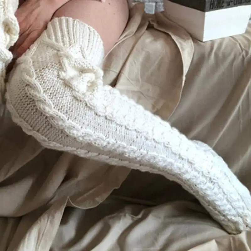 

L5YC Winter Cable Knit Solid Color Thigh High White Long Socks Leg Warmer for Women