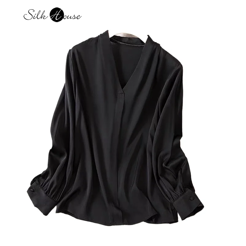

2025 Women's Early Autumn New Versatile Workplace V-neck Style 93% Natural Mulberry Silk Elastic Double Qiao Retro T-shirt