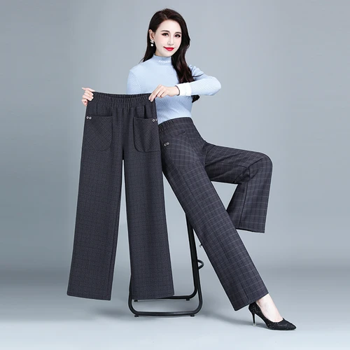 Pantalones elásticos de terciopelo para mujer, pantalón de pierna ancha, cintura alta, talla grande, coreano, para ancianos, otoño
