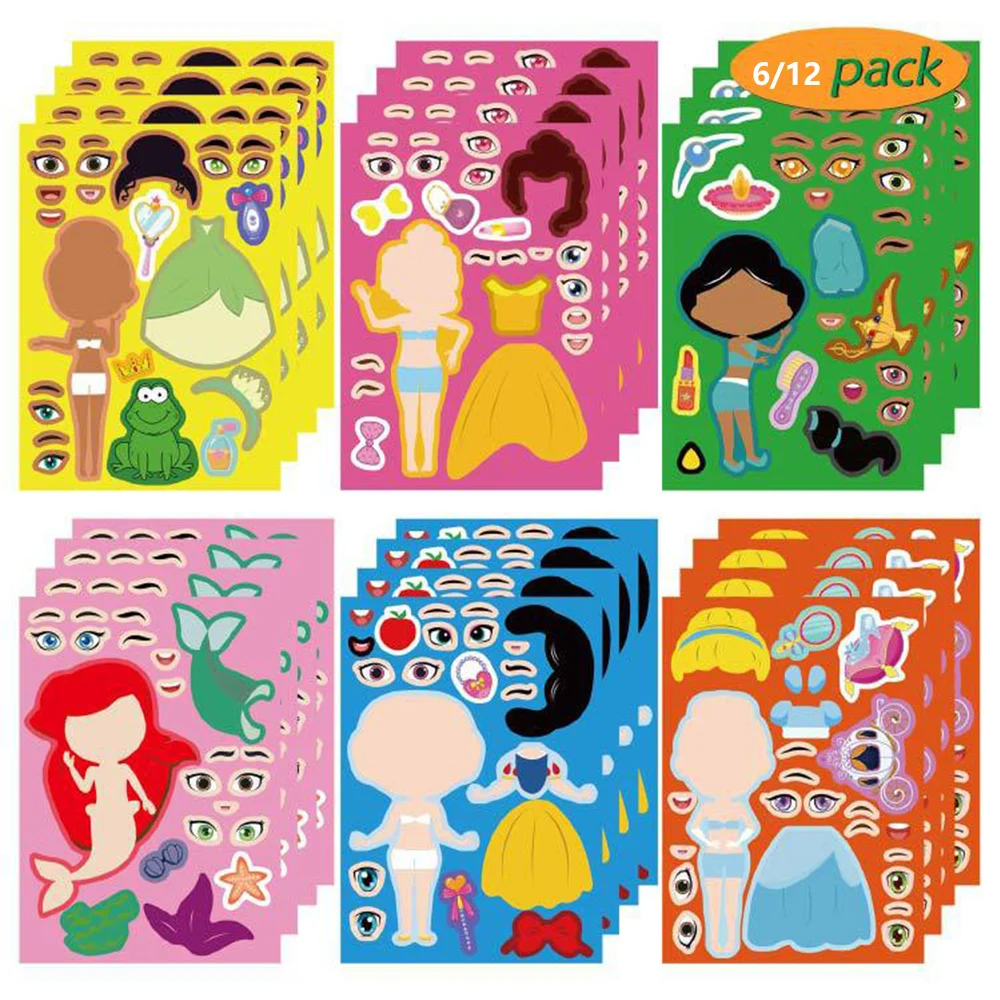 

6/12Sheets Cute Disney Princess Children Puzzle Stickers Games DIY Make a Face Assemble Jigsaw Craft Sticker Kid Education Toy