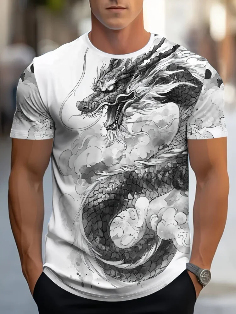 Modisches T-Shirt mit Tintendrachen-Print für Herren Traditioneller Chinesischer Stil Lässiges Kurzarm-Oberteil für den Alltag Trendige Streetwear Herrenbekleidung