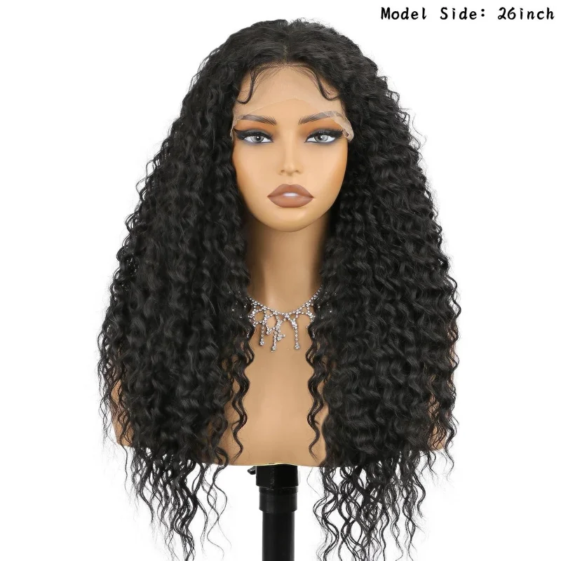 

26 Inch Black Curly Wavy Synthetic Wig, 13x4 HD Lace Front. Preplucked hairline with baby hair, ideal for daily and party looks.