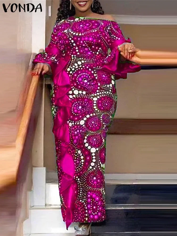 プラスサイズ 5XL VONDA 2025 夏オフ Sholuder マキシドレス女性ボヘミアンフリルプリント Vestidos ファッションカジュアル床長ローブ