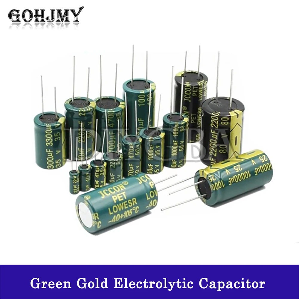 Capacitor eletrolítico de alta frequência de baixo alumínio, 63V, 100V, 160V, 250V, 400V, 450V, 2,2 UF-3300UF, verde, ouro, 2-50Pcs