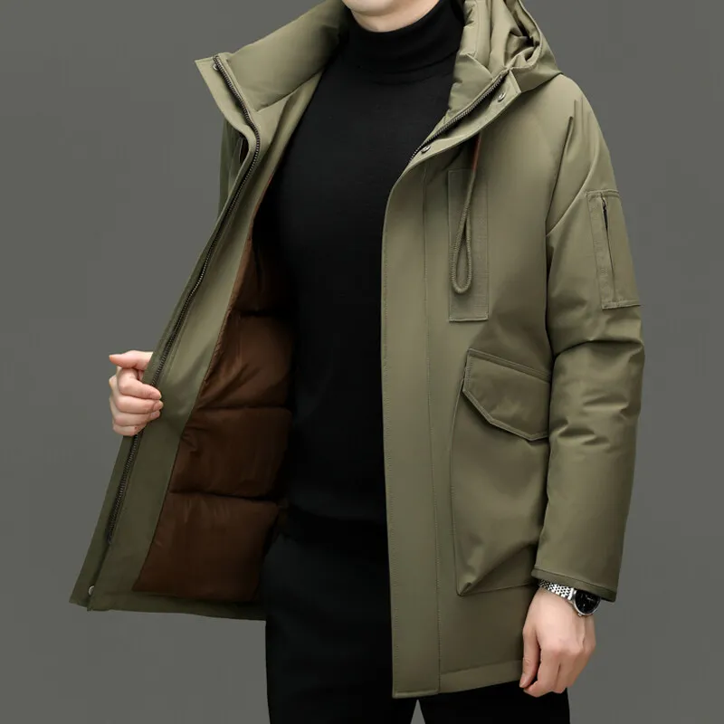 Classic 2025 Winter Men's Mid-Length Hooded White Duck Down Jacket Outdoor Windproof Wear Warm Hooded Puffer Coat Thick Clothing