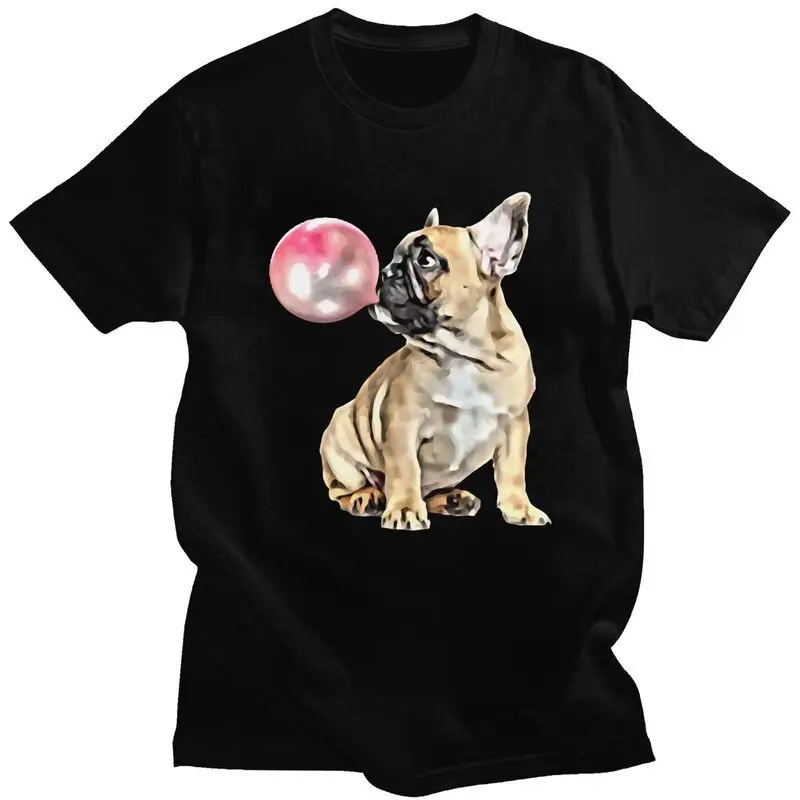 Custom Cute French Bulldog T Shirts for Men 100% Cotton Tee Bubble Gum Tshirt Short Sleeved Fashion T-shirt Clothing