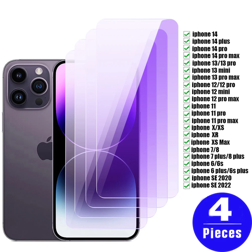 

4 шт. 9H защита от синего света для iphone 14 13 11 pro Max 12 mini SE 2022 8 7 X XS XR 6 6S plus закаленное стекло Защита для экрана телефона
