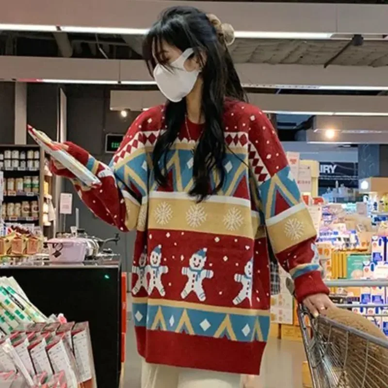 2023 Autumn and Winter Women's Contrast Round Neck Long Sleeve Loose Pullover Knitted Sweater Fashion Casual Formal Tops