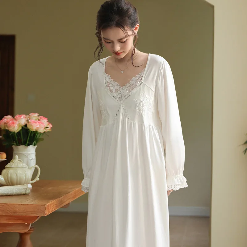 Vintage Victorian Nightgown Women Lace Embroidered Palace Style Princess Sleep Dress Cotton Soft Romantic French Loungewear