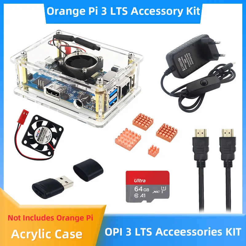 

Orange Pi 3 LTS Acrylic Case with Copper Heatsink Optional Cooling Fan Power Supply HDMI-compatible Cable TF Card Accessory Kit