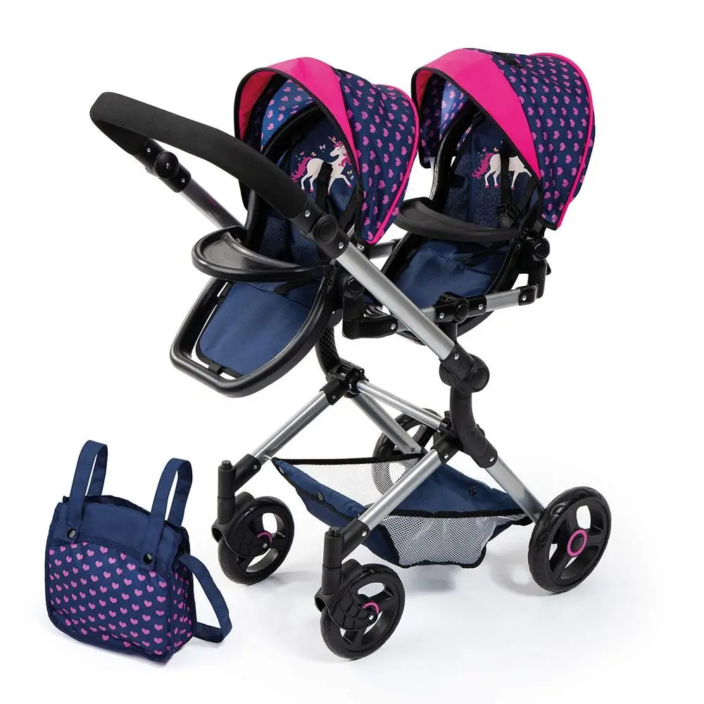 

Коляска для кукол Twin Doll Pram Neo, синяя, с единорогом и сердечками, 18 дюймов