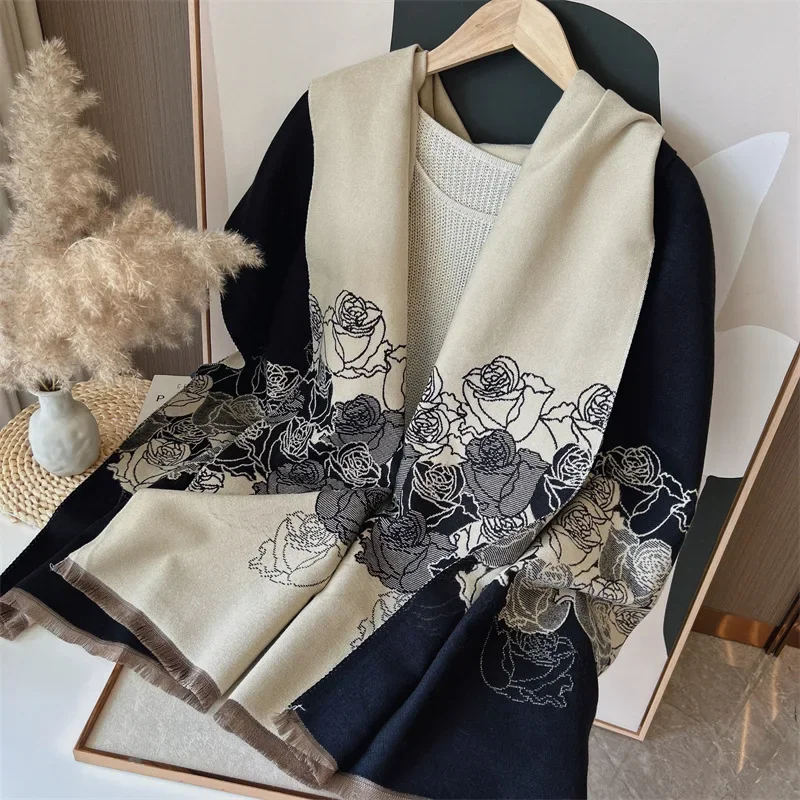 Mom scarf rose imitation cashmere scarf women's autumn and winter retro warm long versatile shawl to keep out the cold north