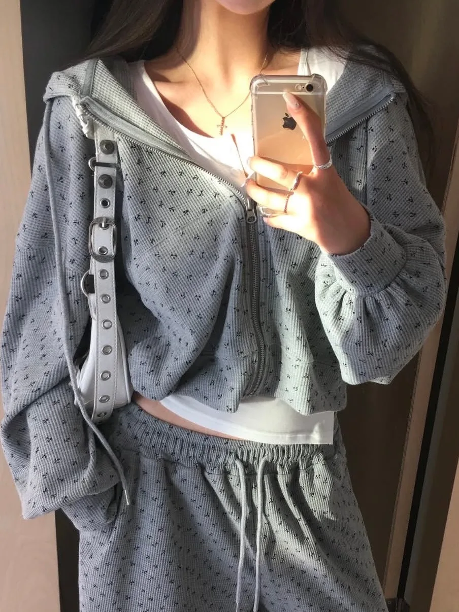 

Корейский повседневный комплект свитшотов с принтом, женские модные свободные широкие брюки, верхняя одежда, удобный осенний наряд