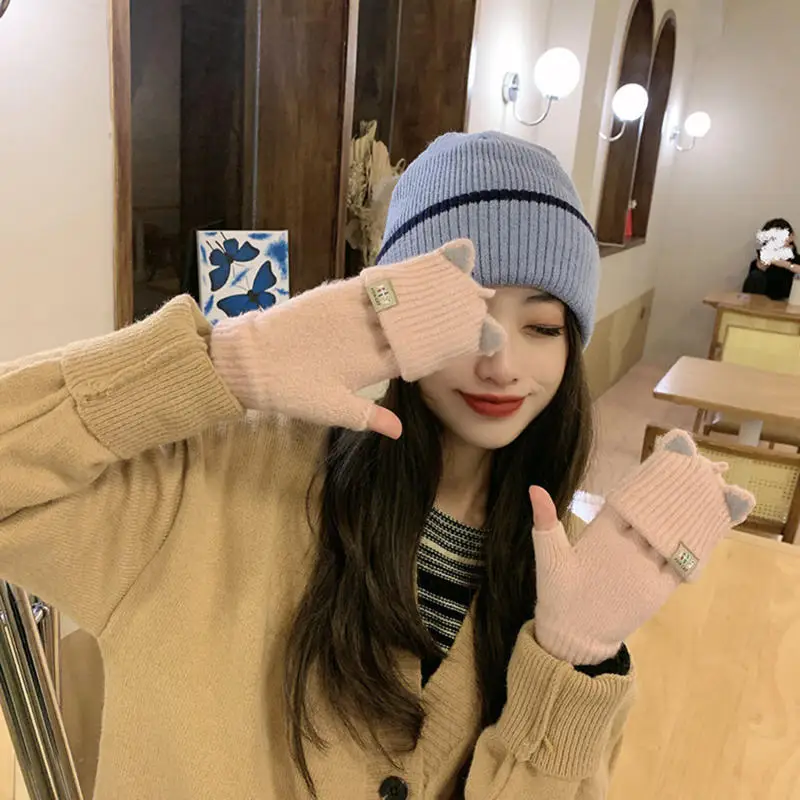 

Зимние женские вязаные перчатки, толстые шерстяные женские варежки, милые флип-перчатки без пальцев с открытыми пальцами для девочек для езды на велосипеде, грелки для рук