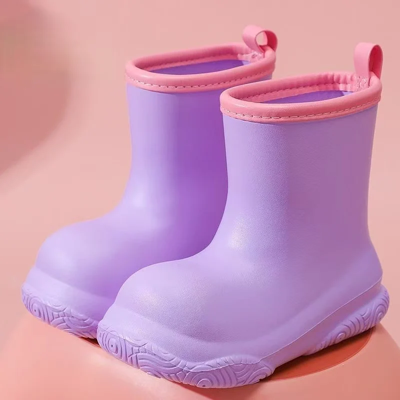 Children Thick Sole High Top Rain Boots Boys And Girls Round Toe Slip On Removable Cotton Cover Lovely Candy Color Water Shoes
