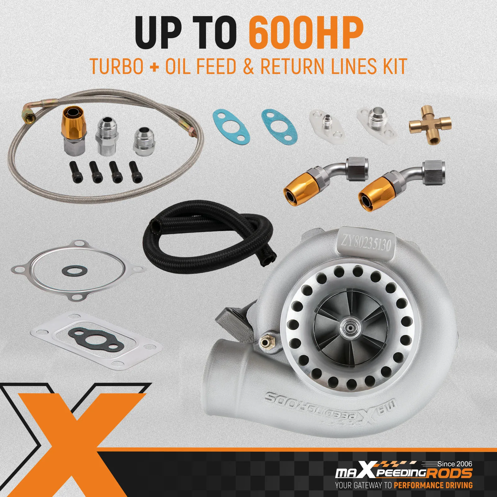 Universal Turbocharger GT35 Turbo+Oil feed+Return Line Kit .63 A/R .7 A/R 600HP