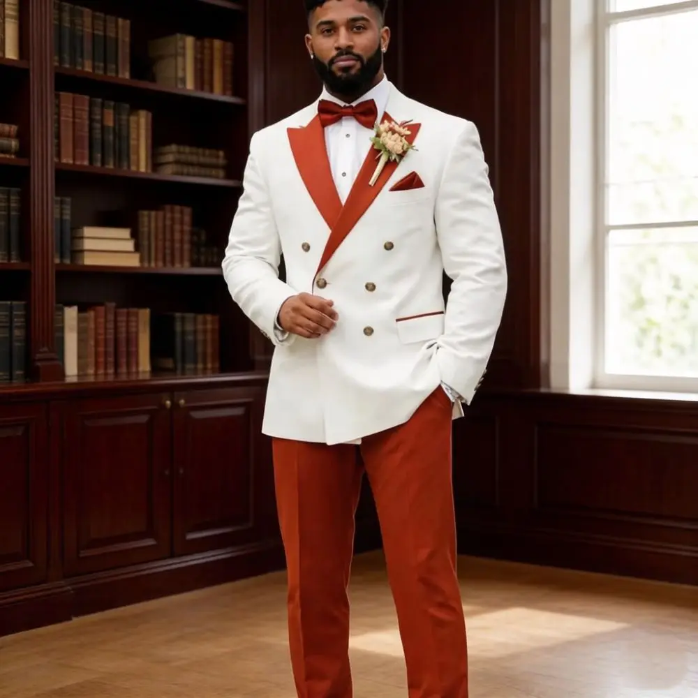 

Mens White Orange Contrast Color Suits 2 Piece Double Breasted Slim Fit Wedding Tuxedo Lapel Pocket Trim Groom Prom Party