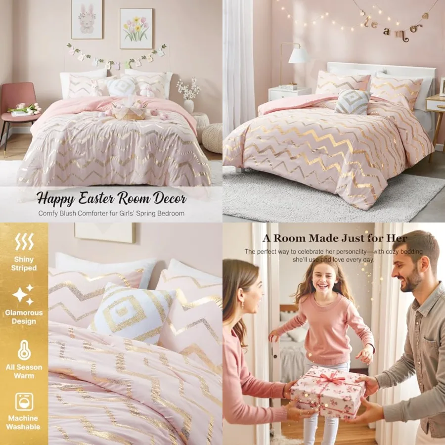 

Teen Girl Bedding, Comfy Girls Comforter Sets Full Queen Size for Bedroom, Pink and Gold, 4 Pcs for Teenagers - All Seasons War