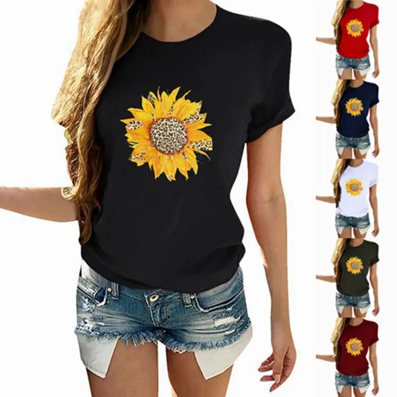 Cotton  100% New Women's Top Sunflower Print Round Neck Short Sleeve T-shirt Women Clothing  Tops  Women Clothes  Graphic