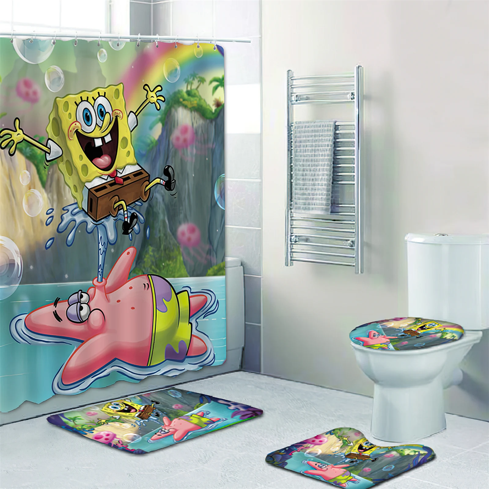 SpongeBob Patrick Shower Curtain Set 4Pcs Cartoon Conch Print Waterproof Bathroom Non-slip Toilet Mat Rug Bath Mat  Decor