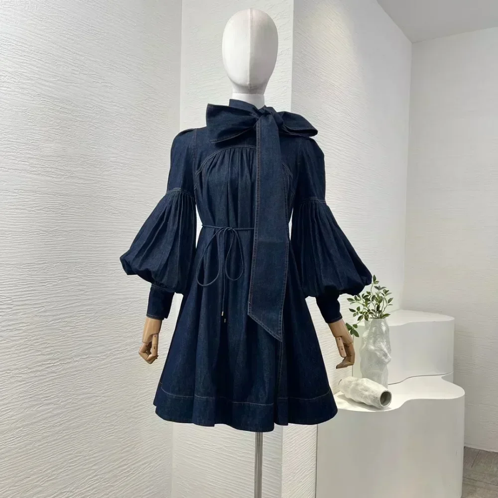 

New Collection High Quality Cotton Women Navy Blue Long Sleeve Self Bow Tie Jeans Mini Dress
