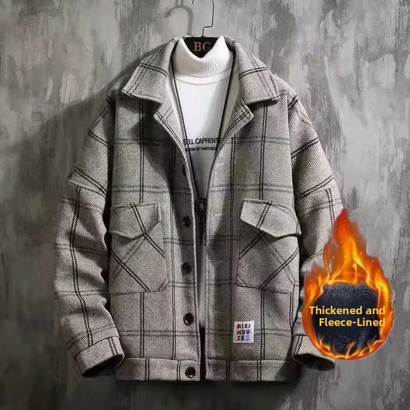 سترة قطنية صوفية سميكة بنقشة مربعات للرجال لفصلي الخريف والشتاء، معطف قطني عصري بياقة عالية وإحساس راقي #3