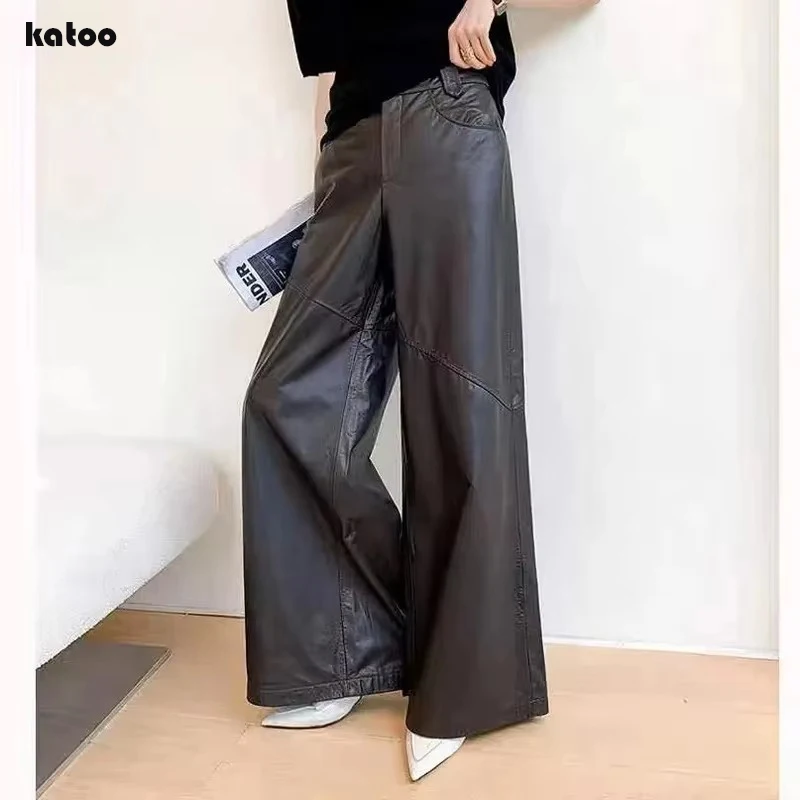 2026 Genuine Leather Pants for Women Full Length Sheepskin Wide Leg Slightly Flared Pantalon Femme Tapered Trousers with Loops