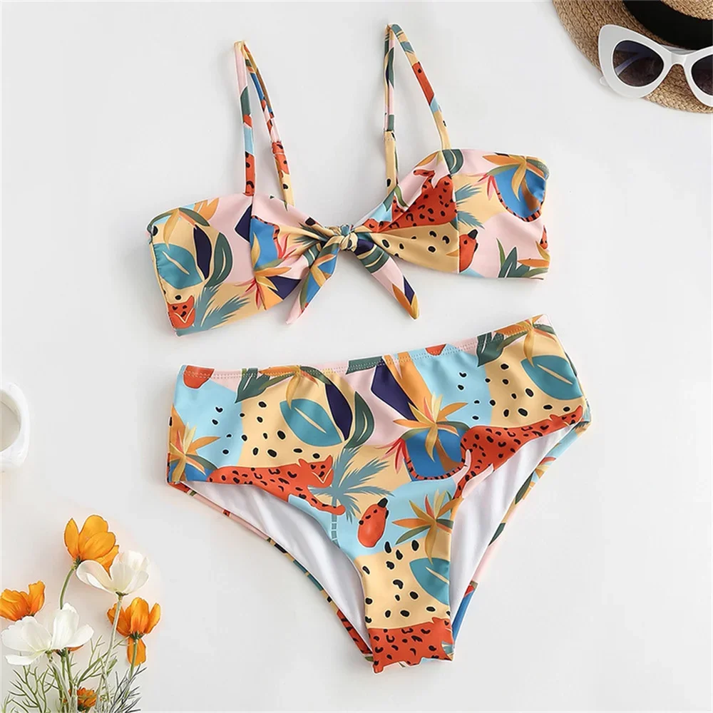 Kawaii Leopard Swimsuit Knotted Sling Bikini Y2K Print Beach Biquini Vacation Swimwear Women Bathing Swimming Suit Summer Outfit