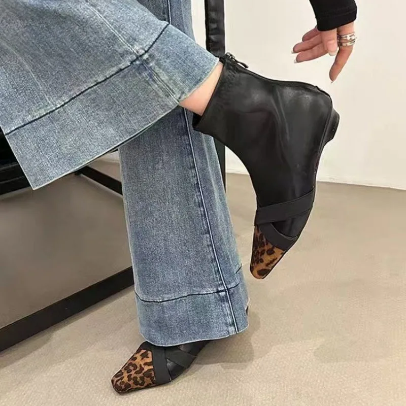 2025 novas mulheres de leopardo botas de tornozelo apontou toe couro chelsea saltos sapatos mulher tendência inverno goth sexy gladiador botas de mujer