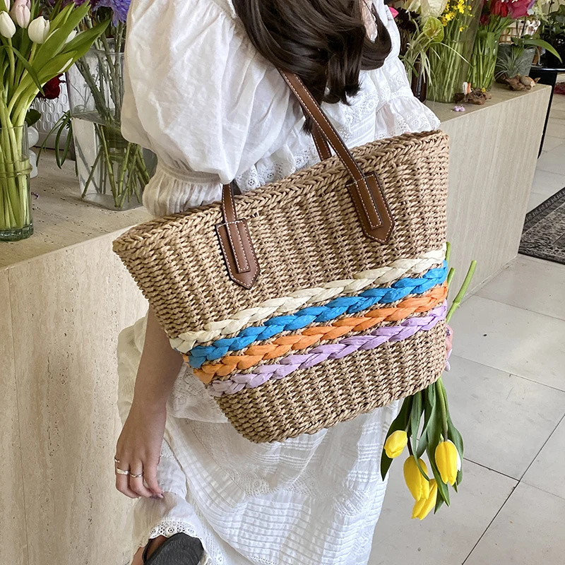 

Fashion Women's Straw Beach Bag, Large Capacity Tote Shoulder Bag, Boho Summer Vacation Basket, Trendy Casual Handmade Woven Bag