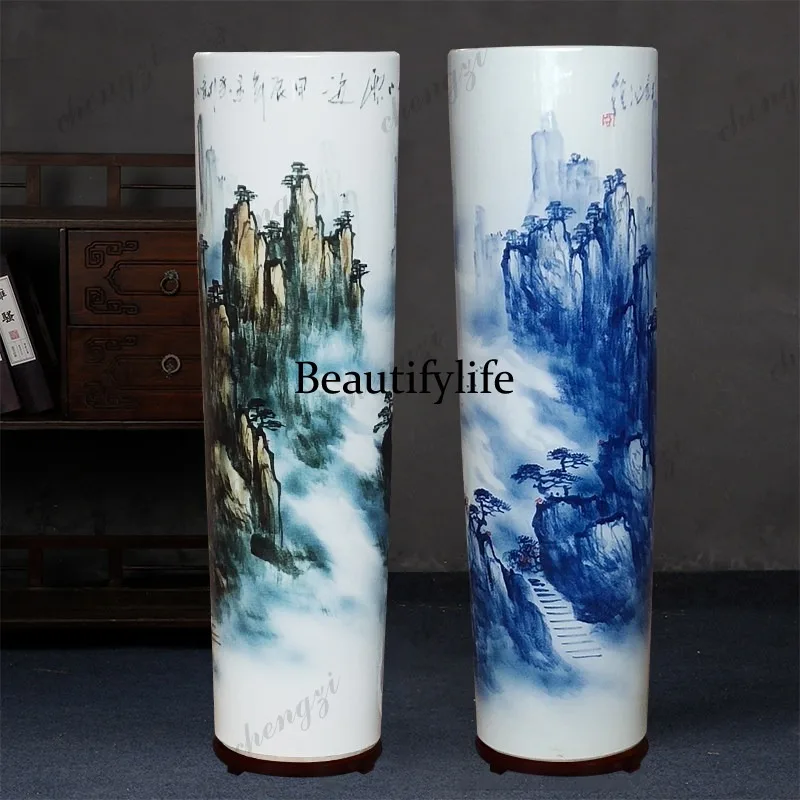 A95 Jingdezhen Ceramic Blue-and-White Vase, Calligraphy and Painting Scroll Tank, Study Storage Tube Floor Ornament
