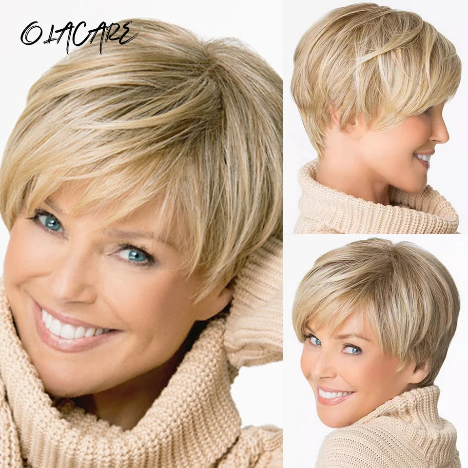 

OLACARE Ombre Blonde Wig for Women Daily Party Fluffy Bob Wig Natural Synthetic Hair Fashion Wig with Bangs Heat Resistant Fiber