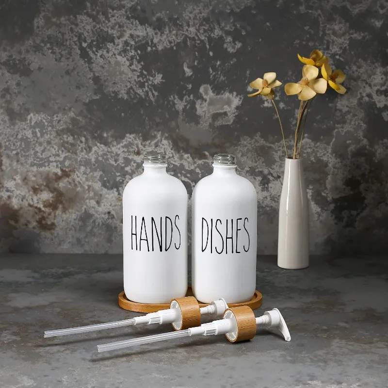 A01F-Glass Soap Dispenser Set With Bamboo Tray-Pump For Hand And Dish Soap-Dishwasher Faucet& For Kitchen Sink And Bathroom