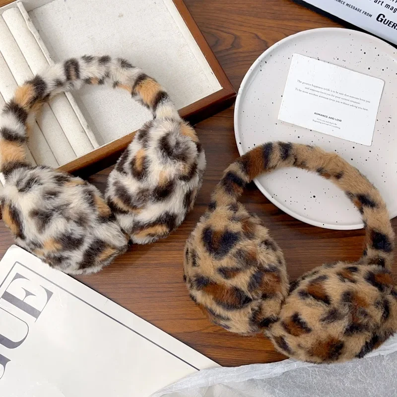 Plush Leopard Print Earmuffs Warm Autumn Winter Ear Protection Soft Faux Fur Foldable Ear Cover Korean Fashion Decorative Gift